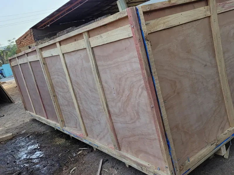 Plywood shipping box on a wooden frame